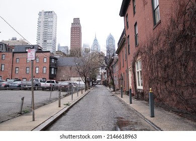 Philadelphia, Pennsylvania, USA - April 6, 2022: Streetscape of Chadwick Street in the Rittenhouse Square neighborhood