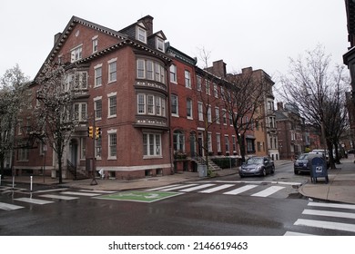 Philadelphia, Pennsylvania, USA - April 6, 2022: Streetscape of 21st Street at the intersection of Pine Street in the Rittenhouse Square neighborhood