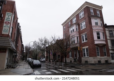 Philadelphia, Pennsylvania, USA - April 6, 2022: Streetscape of Pine Street in the Rittenhouse Square neighborhood