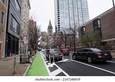 Philadelphia, Pennsylvania, USA - April 6, 2022: Streetscape of Chestnut Street in Center City Philadelphia