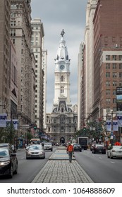 Philadelphia, Pennsylvania, USA – August 2, 2016: Vertical view of the Town Hall tower from Broad St, Philadelphia, Pennsylvania