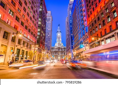 Philadelphia, Pennsylvania, USA Cityscape On Broad Street With City Hall.