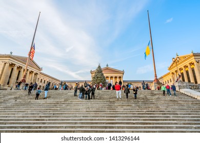 Philadelphia, Pennsylvania, USA - December, 2018 - View Of The Huge Beautiful Christmas Tree From The Stairs At Philadelphia Museum Of Art.