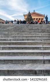 Philadelphia, Pennsylvania, USA - December, 2018 - View Of The Huge Beautiful Christmas Tree From The Stairs At Philadelphia Museum Of Art.