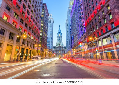Philadelphia, Pennsylvania, USA downtown at city hall during evening rush hour.