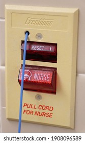 Philadelphia, Pennsylvania, U.S.A - February 2, 2021 - Emergency switch inside a patient's restroom in a hospital to make an instant call for help from a nurse, made by ExecutOne