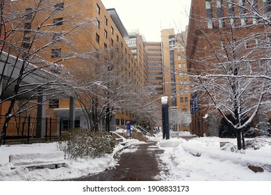 Philadelphia, Pennsylvania, U.S.A - February 2, 2021 -The Path Of The Slippery Walkway By Jefferson University After A Snowstorm