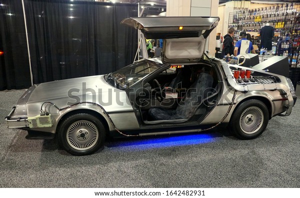 Philadelphia,\
Pennsylvania, U.S.A - February 9, 2020 - The silver DMC DeLorean\
car used in the Back To The Future\
movie