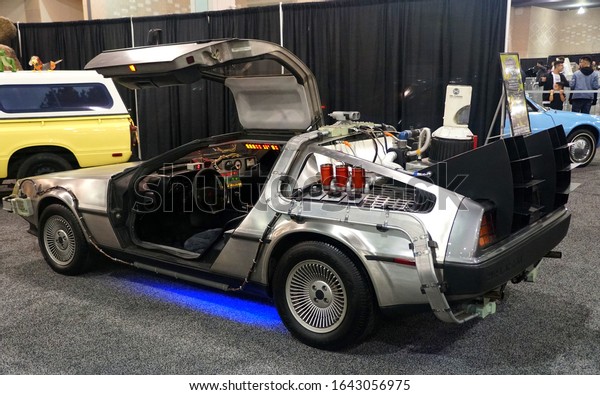 Philadelphia,\
Pennsylvania, U.S.A - February 9, 2020 - The silver DMC DeLorean\
car used in the Back To The Future\
movie