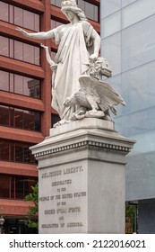 Philadelphia, Pennsylvania, USA - July 24th, 2018, View Of Religious Liberty Statue Monument Located At The Center Of The City