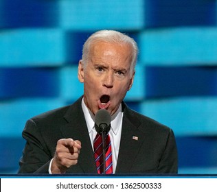 Philadelphia, Pennsylvania, USA, July 27, 2016Vice President Joseph Biden delivers his speech from at the podium at the Democratic National Nominating Convention 