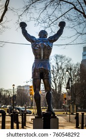 PHILADELPHIA, PENNSYLVANIA, USA - October 12, 2017: Rocky Balboa Statue in front of the Philadelphia Museum of Arts. Originally created for Rocky III.