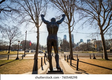 PHILADELPHIA, PENNSYLVANIA, USA - October 12, 2017: Rocky Balboa Statue in front of the Philadelphia Museum of Arts. Originally created for Rocky III.