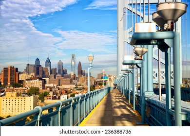 Philadelphia Skyline And Ben Franklin Bridge Walkway, USA