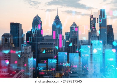 Philadelphia skyline with futuristic holographic overlays, digital art on urban background, concept of technology and security. Double exposure - Powered by Shutterstock