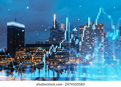 Philadelphia skyline with holographic stock market charts overlay, nighttime cityscape. Double exposure - Powered by Shutterstock