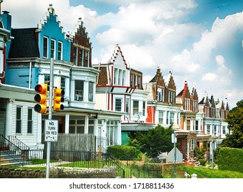 PHILADELPHIA, USA - AUGUST 15, 2019: Colorful row houses in Philadelphia, Pennsylvania.