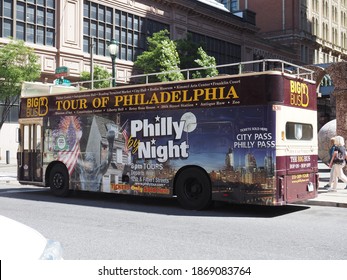 Philadelphia, USA- June 11, 2019: Image Of A Big Bus Double-decker Bus Driving Around In Downtown Philly.