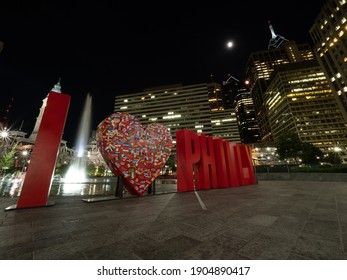 Philadelphia, USA - June 11, 2019: Nighttime Shot Of The I Love Philly Sign.