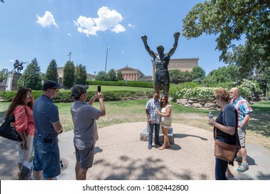 PHILADELPHIA, USA - JUNE19, 2016 - Tourist taking selfies at Rocky statue, well famous sylvester stallone movie 