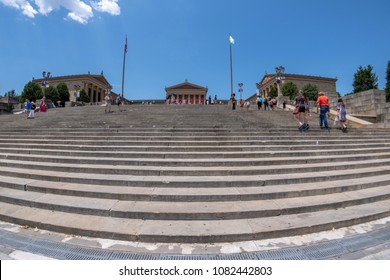PHILADELPHIA, USA - JUNE19, 2016 - Tourist near Rocky statue, well famous sylvester stallone movie flight of steps of Museum of arts