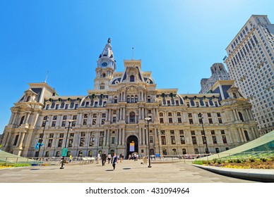 Philadelphia, USA - May 4, 2015: Philadelphia City Hall with tourists on Penn Square. Pennsylvania, USA.