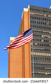 PHILADELPHIA, USA - SEPT 14, 2021: American Flag On Background Of James A. Byrne United States Courthouse, Federal Courthouse In Center City Region Of Philadelphia