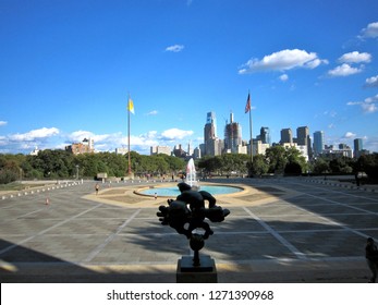 PHILADELPHIA, USA - SEPTEMBER 7, 2016: The View From The Stairs Of The Museum Of Art To Downtown, With The Back Of Prometheus Stangling The Vulture Sculpture By Jacques Lipchitz 