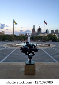 PHILADELPHIA, USA - SEPTEMBER 7, 2016: The View From The Stairs Of The Museum Of Art To Downtown, With The Back Of Prometheus Stangling The Vulture Sculpture By Jacques Lipchitz 