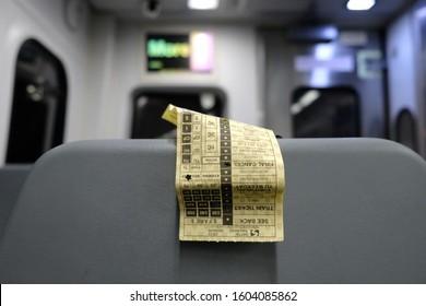 Philadelphia,PA,USA- Oct 10th 2019: Riding inside of the Septa Train and enjoying its nice seat colors and design, also the tickets are something special to me, I do not know why but they just are.