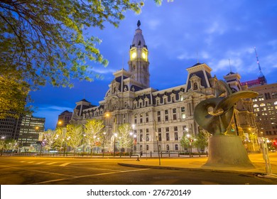 Philadelphia's landmark historic City Hall building at twilight