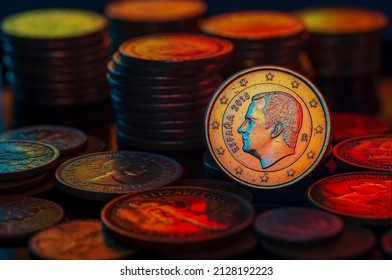 Philip Felipe VI King Of Spain Euro Coin Pile And Stacks Close Up