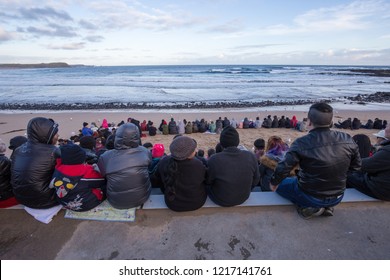 Philip Lsland, Victoria, Australia - Oct 20, 2018: Tourists Are Waiting For Penguin  In Penguin Parade, Philip Island, A Popular Day Trip From Melbourne, Lies Just Off Australia’s Southern Coast.