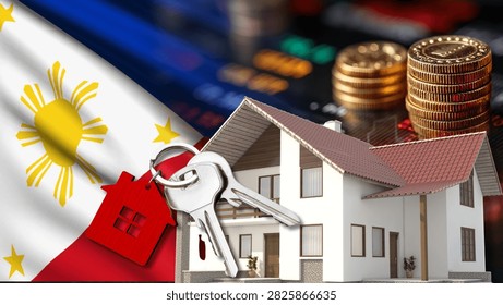 The Philippine financial data display features the Philippines flag, a house model, keys, and coin stacks, illustrating the economic impact of Philippines' real estate market, housing loan and interest policies, and property investment trading activities.