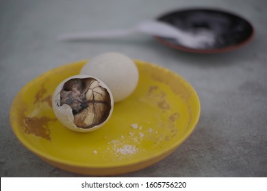 Philippine Street Food called Balot or Balut. A boiled developing embryo of a duck. Selective Focus. Copy Space.