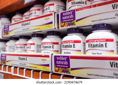 Philippines - Aug 2022: A Row Of Vitamin E Bottles At A Drugstore Or Supermarket.