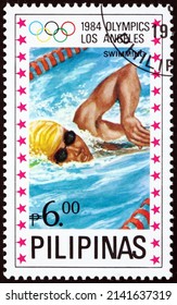 PHILIPPINES - CIRCA 1984: A Stamp Printed In Philippines Shows Swimming, Summer Olympics, Los Angeles, Circa 1984