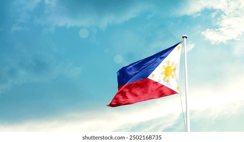 Philippines national flag fluttering. The flag blowing in beautiful soft sky. Philippines national flag for independence day. - Powered by Shutterstock