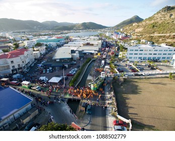 Philipsburg St Maarten- April , 2018 Close Up Aerial Overview Of Philipsburg St.maarten Capital.  View Of Grand Carnival Parade.