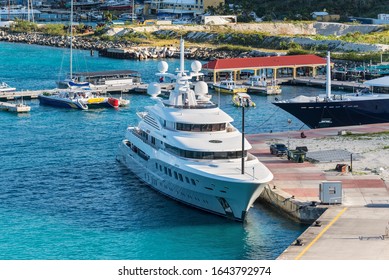 Philipsburg, St. Maarten - December 17, 2018: Private White Luxury Motor Yacht Axioma Moored In Caribbean Island Of Sint Maarten - Saint Martin.