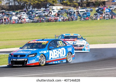 PHILLIP ISLAND, MELBOURNE/AUSTRALIA - 17 APRIL 2016: Nick Percat's Holden Commodore Suffers Mechanical Damage As It Exits Turn 4 At Phillip Island.