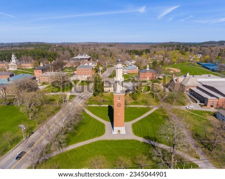 Phillips Academy aerial view in spring including Clock Tower at 180 Main Street in historic town center of Andover, Massachusetts MA, USA. 