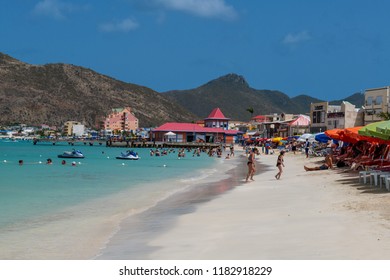 PHILLIPSBURG, ST. MAARTEN - JULY 11 - A Scenic View Of The Beach And Landscape And Boardwalk Buildings On July 11 2018 In Phillipsburg, St. Maarten.