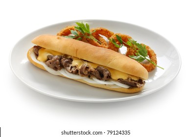 Philly Cheese Steak Sandwich With Onion Rings