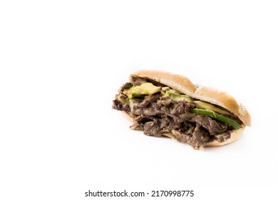 Philly Cheesesteak Sandwich With Beef, Cheese,green Pepers And Caramelized Onion Isolated On White Background