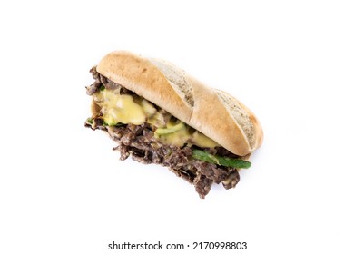 Philly Cheesesteak Sandwich With Beef, Cheese,green Pepers And Caramelized Onion Isolated On White Background