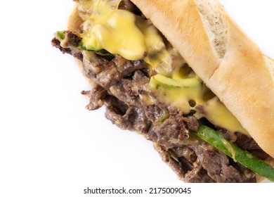 Philly Cheesesteak Sandwich With Beef, Cheese,green Pepers And Caramelized Onion Isolated On White Background