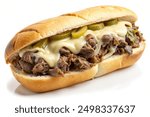 Philly cheesesteak sandwich with melted cheese, isolated on white background