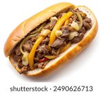 Philly Cheesesteak, top view, isolated on white background