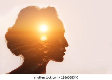 Philosophy concept. Sunrise and six senses woman.